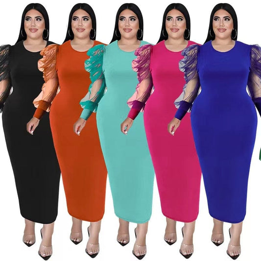 J&H 2023 new arrivals 5XL plus size office dress mesh sleeve design elegance bodycon dress fall fashion casual dresses