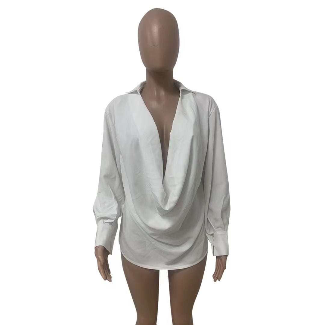 J&H 2023 new arrivals all white elegance women's blouses shirts long sleeve sexy deep v neck autumn women's clothing