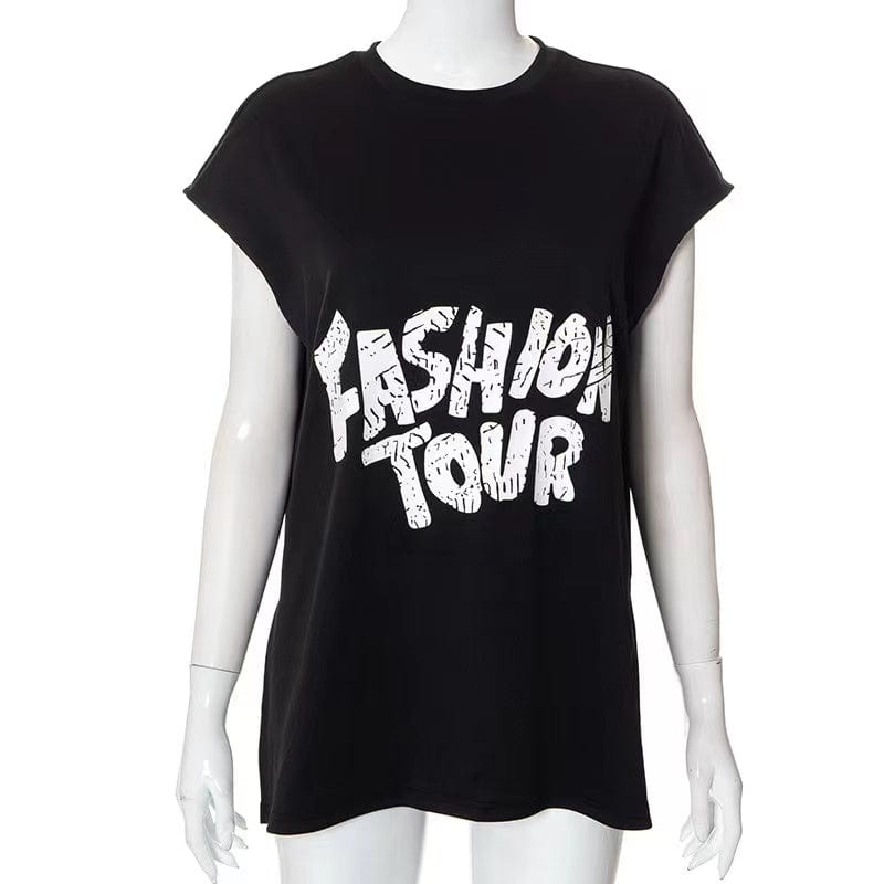 J&H 2023 new arrivals black tees with white letter print women chic graphic t shirt round neck summer tops casual wear