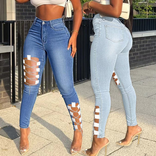 J&H 2023 new arrivals chain cross striped hollow out jeans women fashion denim trousers slim fit sexy high waist pants