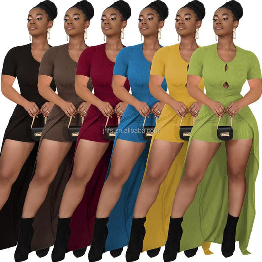 J&H 2023 new arrivals chic long shirt and shorts women trendy ribbed 2 piece outfits summer slim fit casual sets