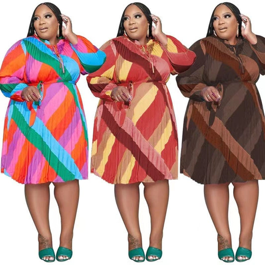 J&H 2023 new arrivals color print pleat fabric 5XL plus size dress for ladies fall fashion causal long sleeve dresses