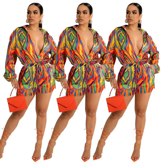 J&H 2023 new arrivals colorful printed long sleeve shirts shorts women fashion fall clothes casual streetwear