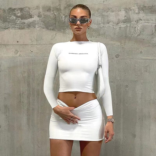 J&H 2023 new arrivals high stretchy elegance two piece mini skirts set women sexy long sleeve crop top Y2K clothing