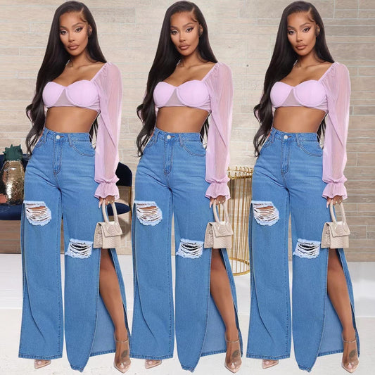 J&H 2023 new arrivals high waist wide leg jeans with high slit ladies chic ripped denim pants fashion causal trousers