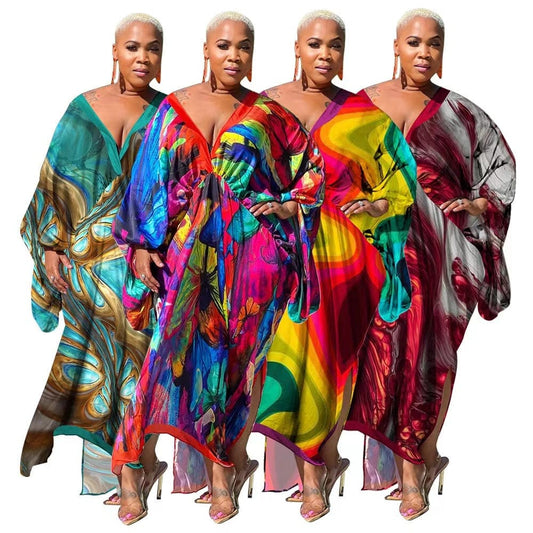 J&H 2023 new arrivals maxi satin robes Africa design printed loose dress fall fashion plus size kaftan dresses