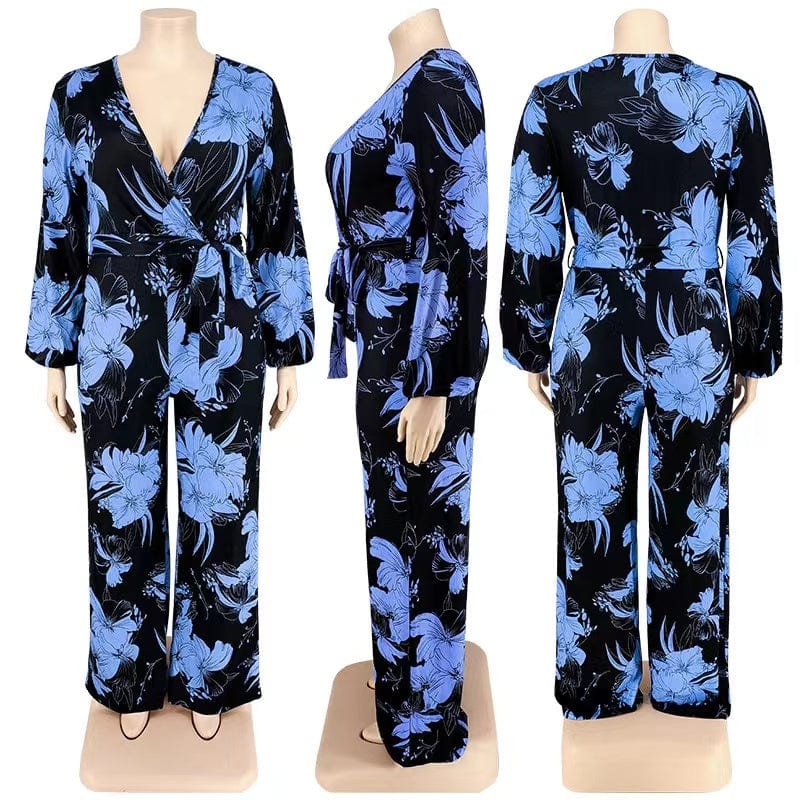 J&H 2023 new arrivals plus size fall women clothes sexy v neck palazzo pants suits chic floral print wide leg jumpsuits casual