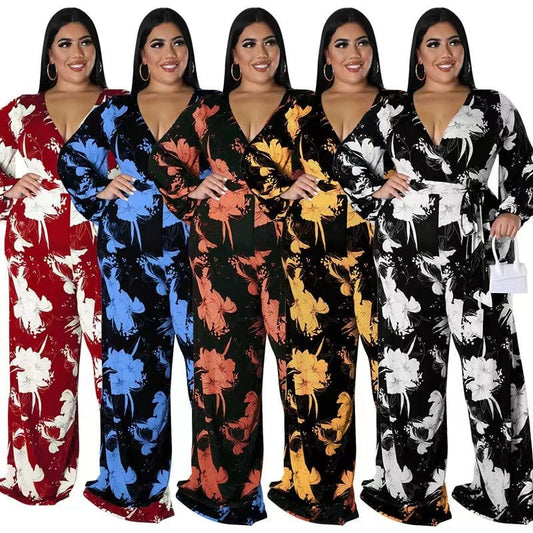 J&H 2023 new arrivals plus size fall women clothes sexy v neck palazzo pants suits chic floral print wide leg jumpsuits casual