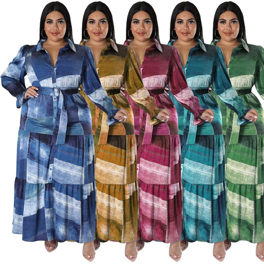 J&H 2023 new arrivals plus size long sleeve maxi dress color block fashion fall dress with belt women long sleeve shirt dress