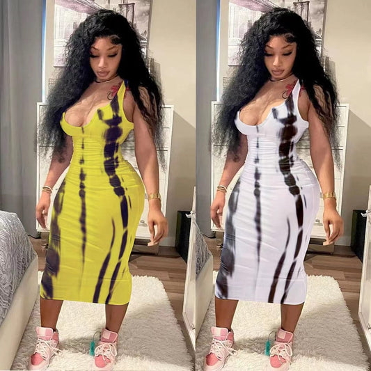 J&H 2023 new arrivals ribbed tie dye dress tank top bodycon summer dress sundress women fashion casual dress