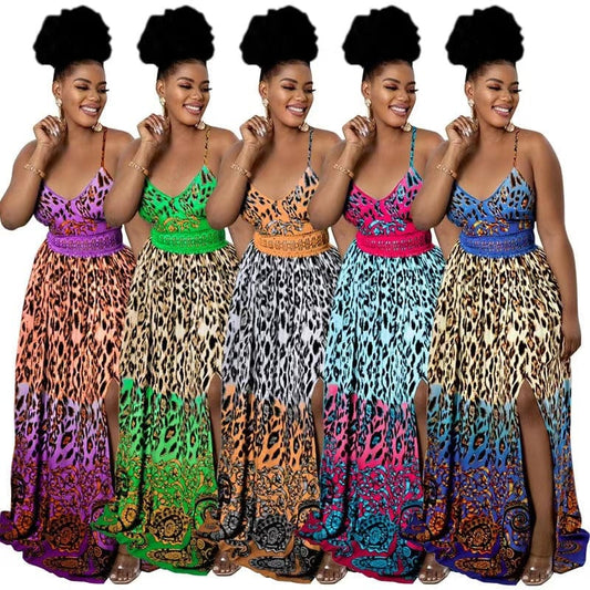J&H 2023 new arrivals S-5XL plus size women dress sexy cheetah print maxi dress sundresses vacation party dresses