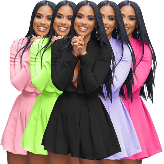 J&H 2023 new arrivals sexy deep v neck pleat mini dress ladies long sleeve lovely fall dress y2k clothing