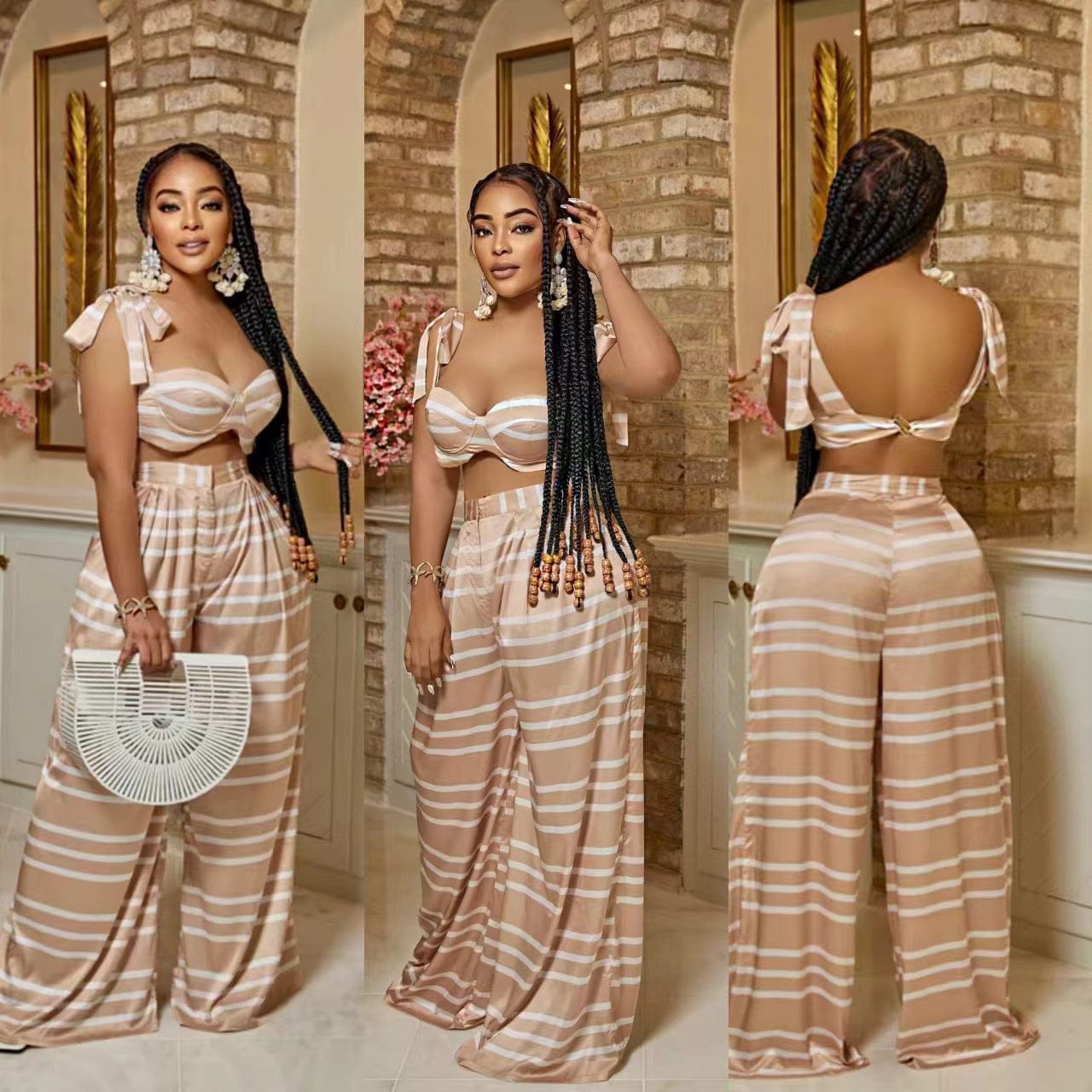 J&H 2023 new arrivals striped floor length wide leg pants crop top 2 piece set sexy slim fit palazzo pants vacation outfits