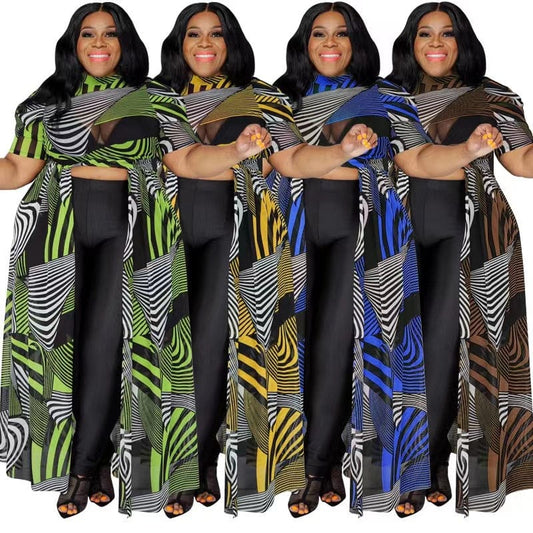 J&H 2023 new arrivals striped printed sheer tops with long tails ladies elegance maxi shirt dress 5XL plus size women fall wear