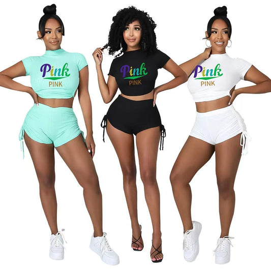 J&H 2023 new arrivals summer sexy solid color letter printed Crop top  2 piece high waist shorts set slim fit workout clothes