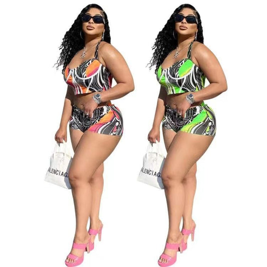 J&H 2023 new arrivals trendy printed mini shorts women sexy tank crop top 2 piece summer sets sexy vacation outfits