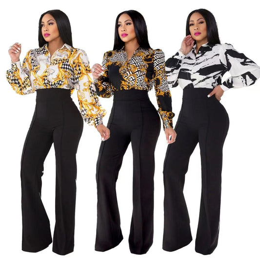 J&H 2023 new arrivals vintage baroque chain printed long sleeve shirts women casual fall tops fashionable design