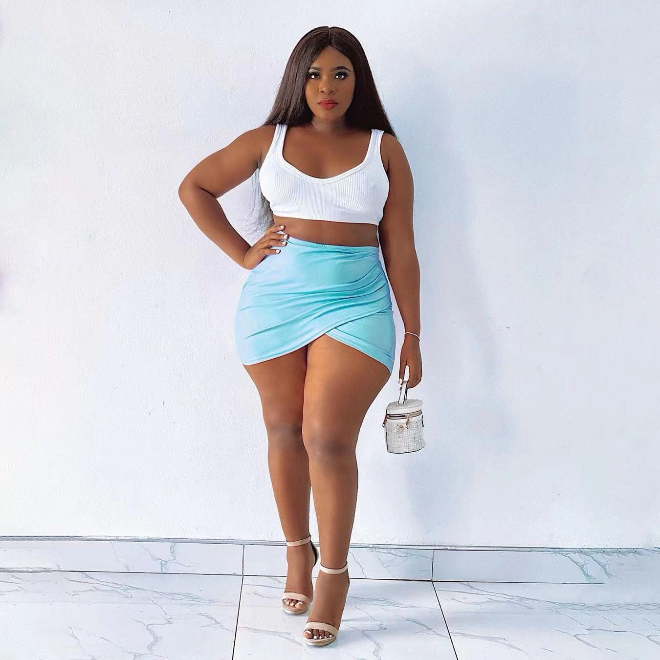 J&H 2023 new arrivals white ribbed tank top and sexy mini skirts 2 piece set women slim fit summer skirts outfits club wear
