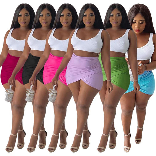 J&H 2023 new arrivals white ribbed tank top and sexy mini skirts 2 piece set women slim fit summer skirts outfits club wear
