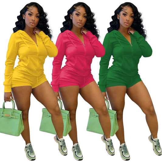 J&H 2023 new arrivals zip up hoodie top and biker shorts women two piece set slim fit activewear