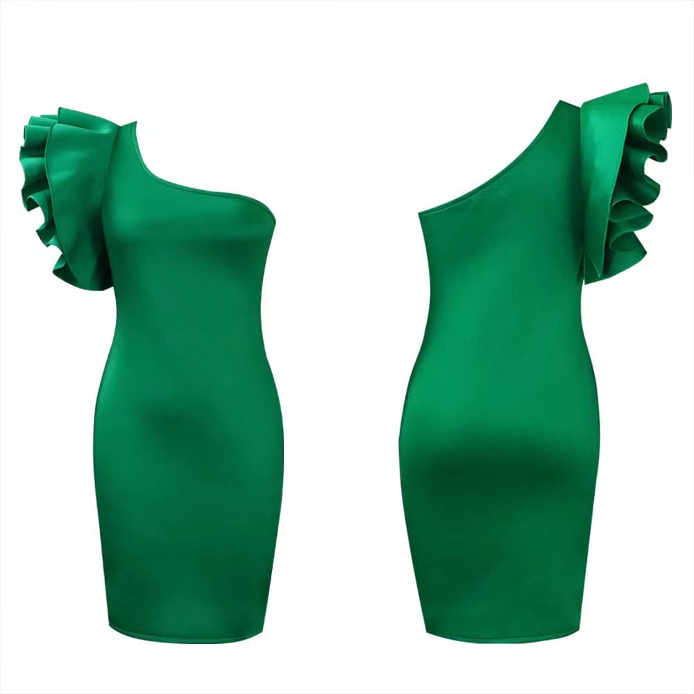 J&H 2023 new design ruffled shoulder solid color midi bodycon party dress women boutique dresses slim fit elegance