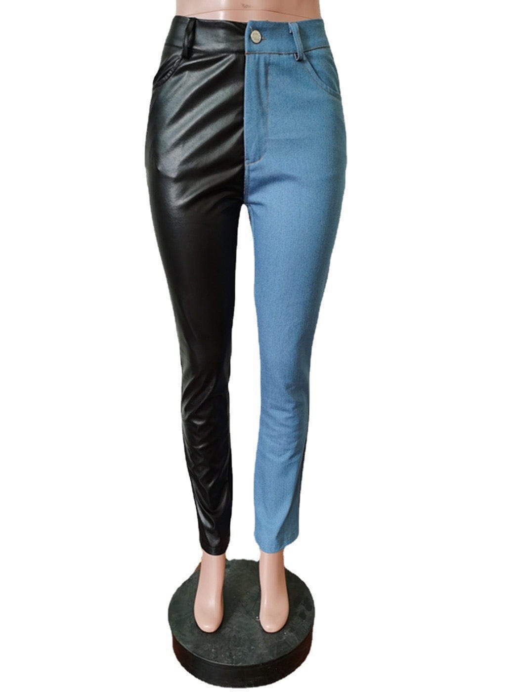 J&H 2023 new design two tone leather patchwork denim jeans ladies chic leggings fall fashion causal trousers