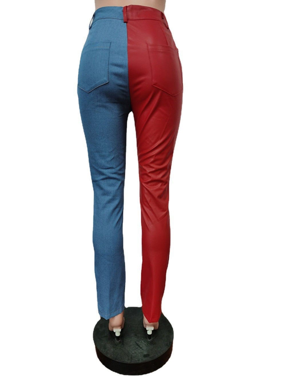 J&H 2023 new design two tone leather patchwork denim jeans ladies chic leggings fall fashion causal trousers