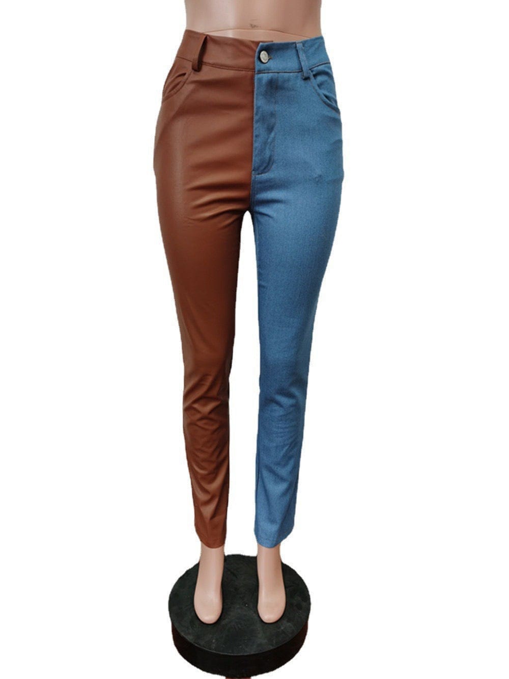 J&H 2023 new design two tone leather patchwork denim jeans ladies chic leggings fall fashion causal trousers
