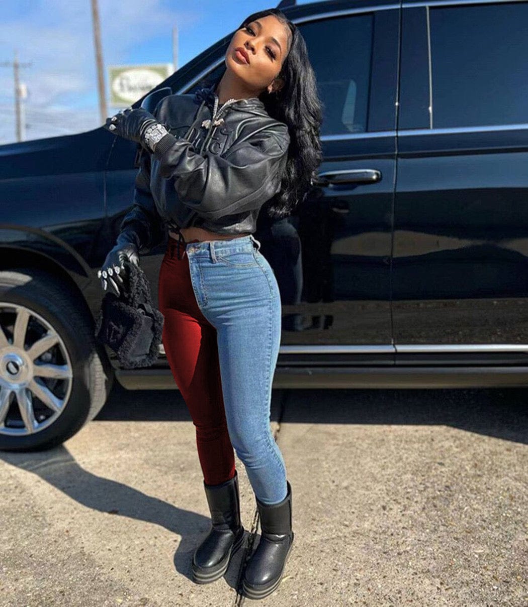 J&H 2023 new design two tone leather patchwork denim jeans ladies chic leggings fall fashion causal trousers