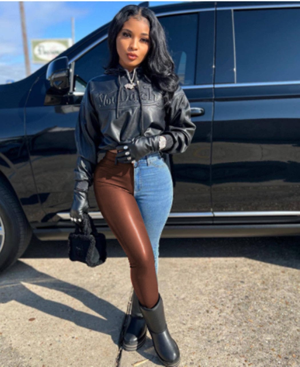 J&H 2023 new design two tone leather patchwork denim jeans ladies chic leggings fall fashion causal trousers