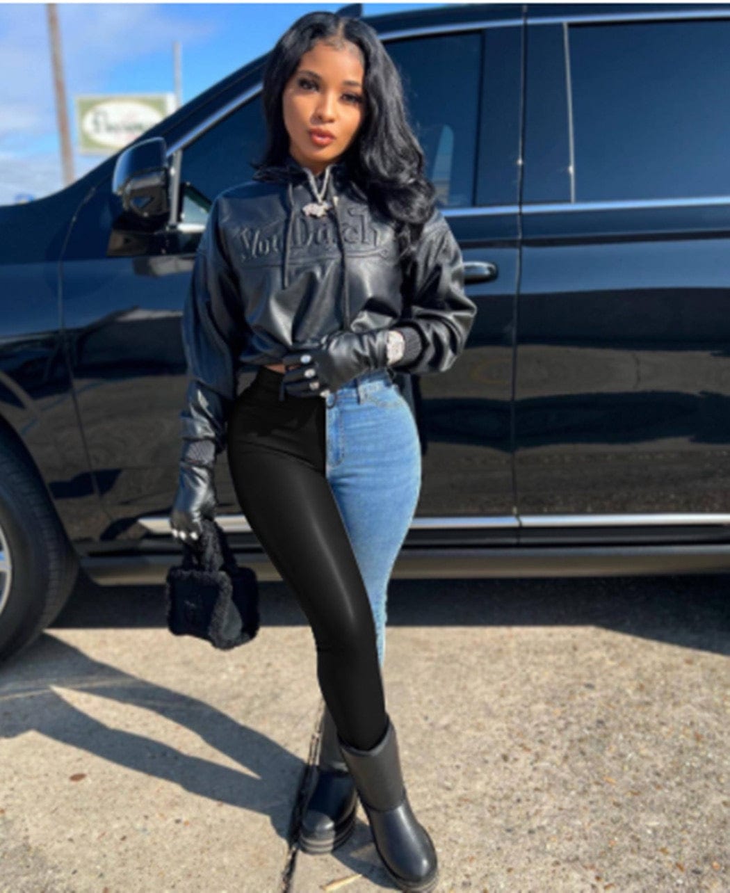 J&H 2023 new design two tone leather patchwork denim jeans ladies chic leggings fall fashion causal trousers