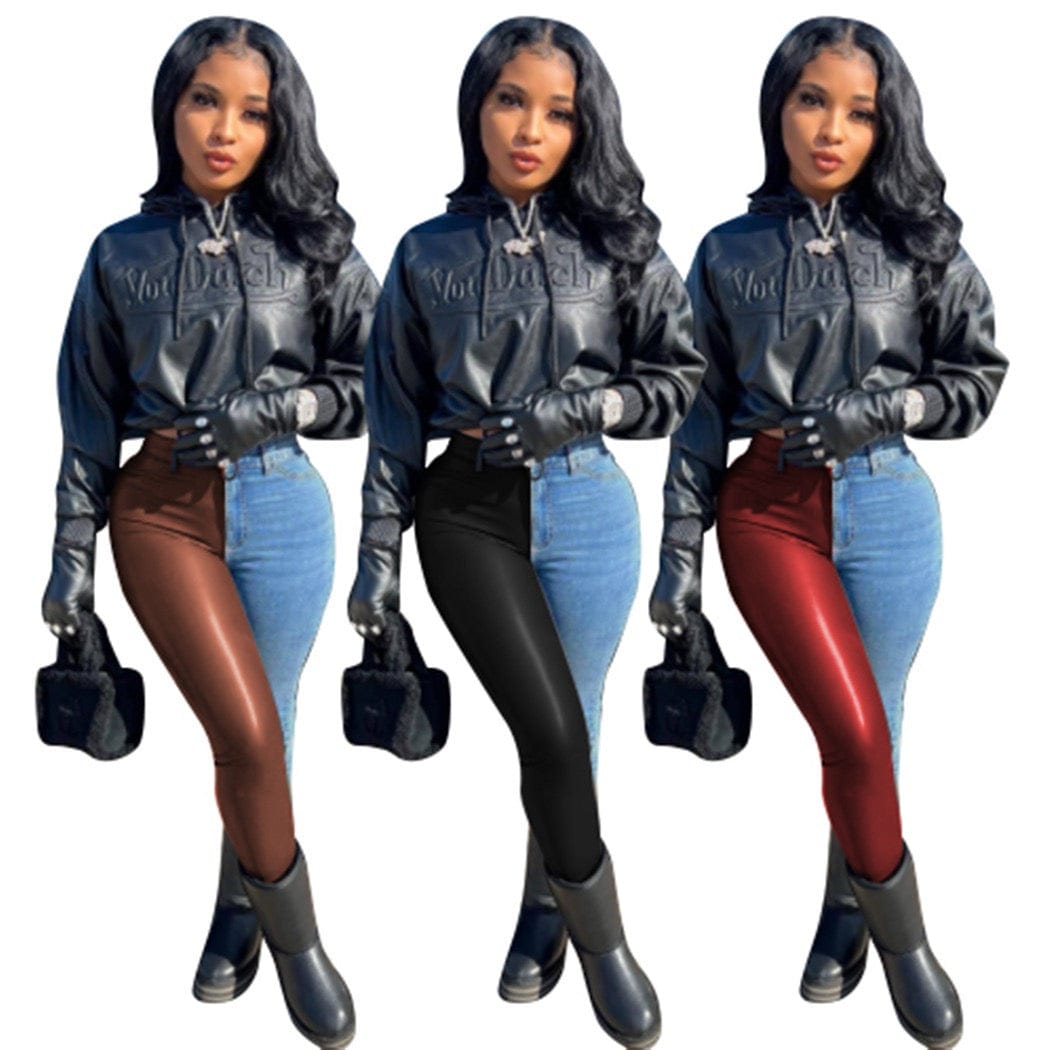 J&H 2023 new design two tone leather patchwork denim jeans ladies chic leggings fall fashion causal trousers