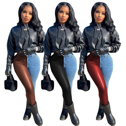 J&H 2023 new design two tone leather patchwork denim jeans ladies chic leggings fall fashion causal trousers