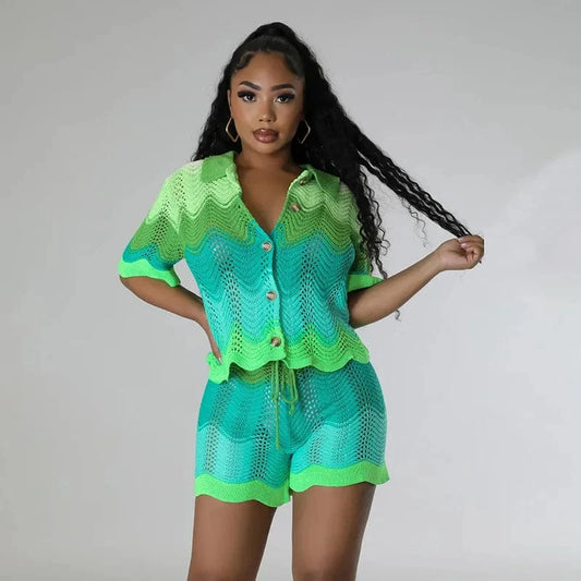 J&H 2024 Knit Women Tracksuit 2 Piece Set Colorful Patchwork Wave Flare Sleeve Crop Top+Shorts Skinny Elastic Vacation Outfits