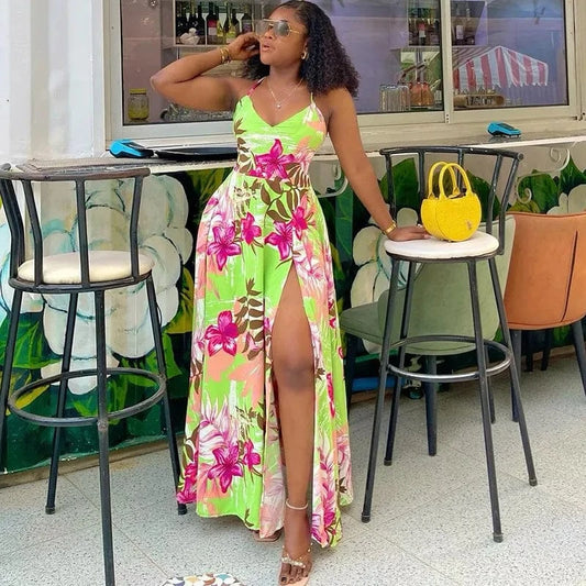 J&H 2024 Sexy Camisole Split Long Dress Ladies Vocation Floral Printed High Waist Big Hem Slim V Neck Sleeveless  Maxi Dress