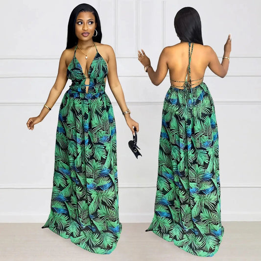 J&H  2024 Sleeveless Backless Long Dress Summer Vacation Style Women'S Deep V-Neck Dress