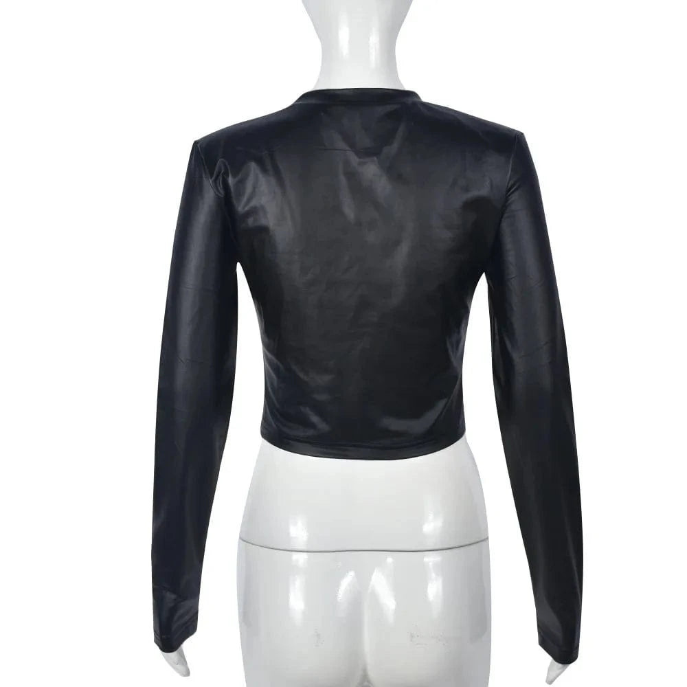 J&H  2024 Spring New Women's Crop Tops Fashion Beaded Pu Leather Round Neck Long Sleeve Tops Women's Sexy T-shirts