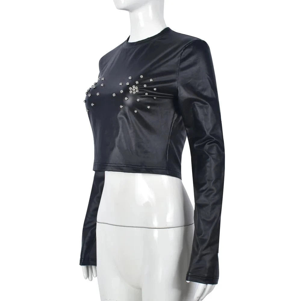 J&H  2024 Spring New Women's Crop Tops Fashion Beaded Pu Leather Round Neck Long Sleeve Tops Women's Sexy T-shirts