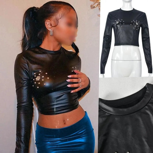 J&H  2024 Spring New Women's Crop Tops Fashion Beaded Pu Leather Round Neck Long Sleeve Tops Women's Sexy T-shirts