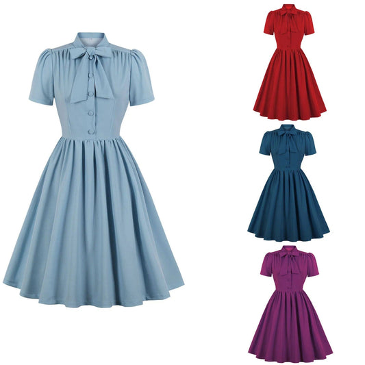 J&H 2024 women clothes solid color short sleeve lace-up dress with swing bow sweet dress party wear