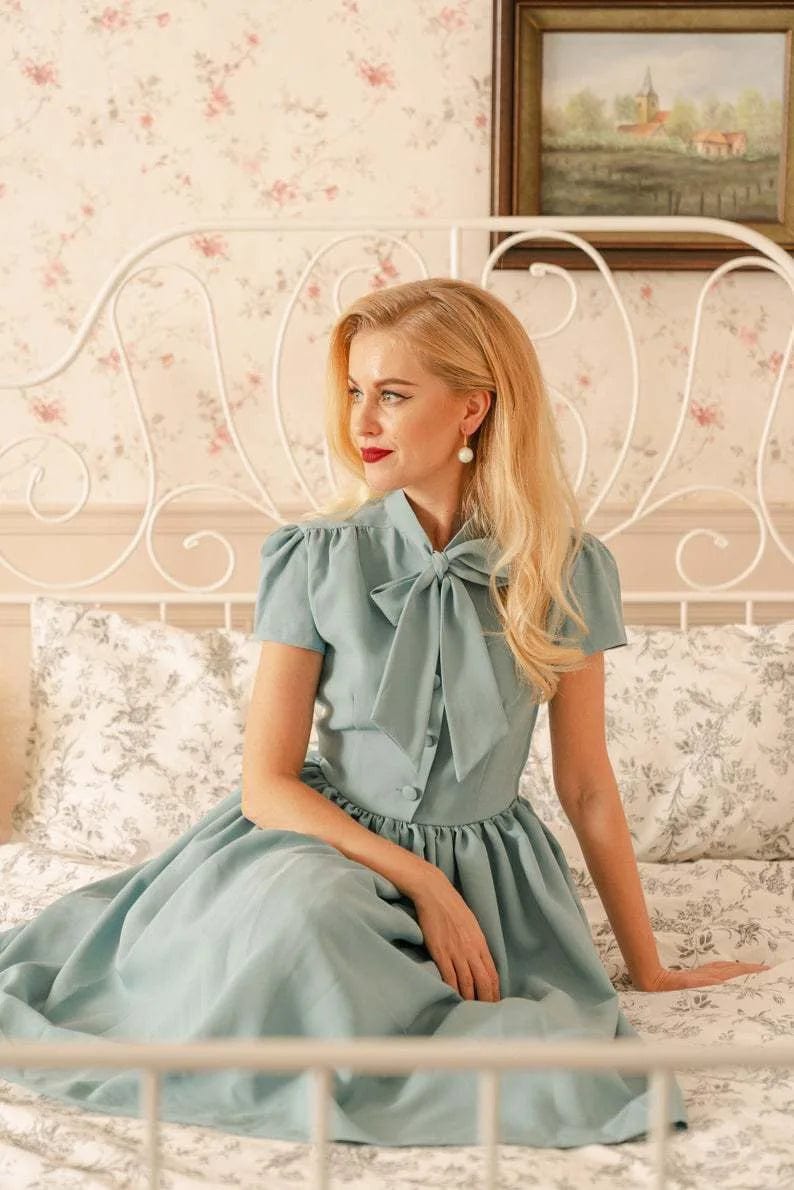 J&H 2024 women clothes solid color short sleeve lace-up dress with swing bow sweet dress party wear