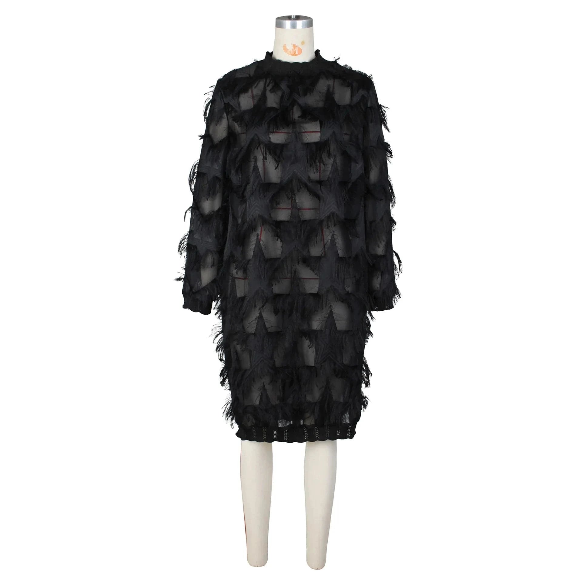 J&H Elegant Casual See Through Lace Dresses Patchwork Tassel Knitted Long Sleeve Sexy Long Midi Women Dress