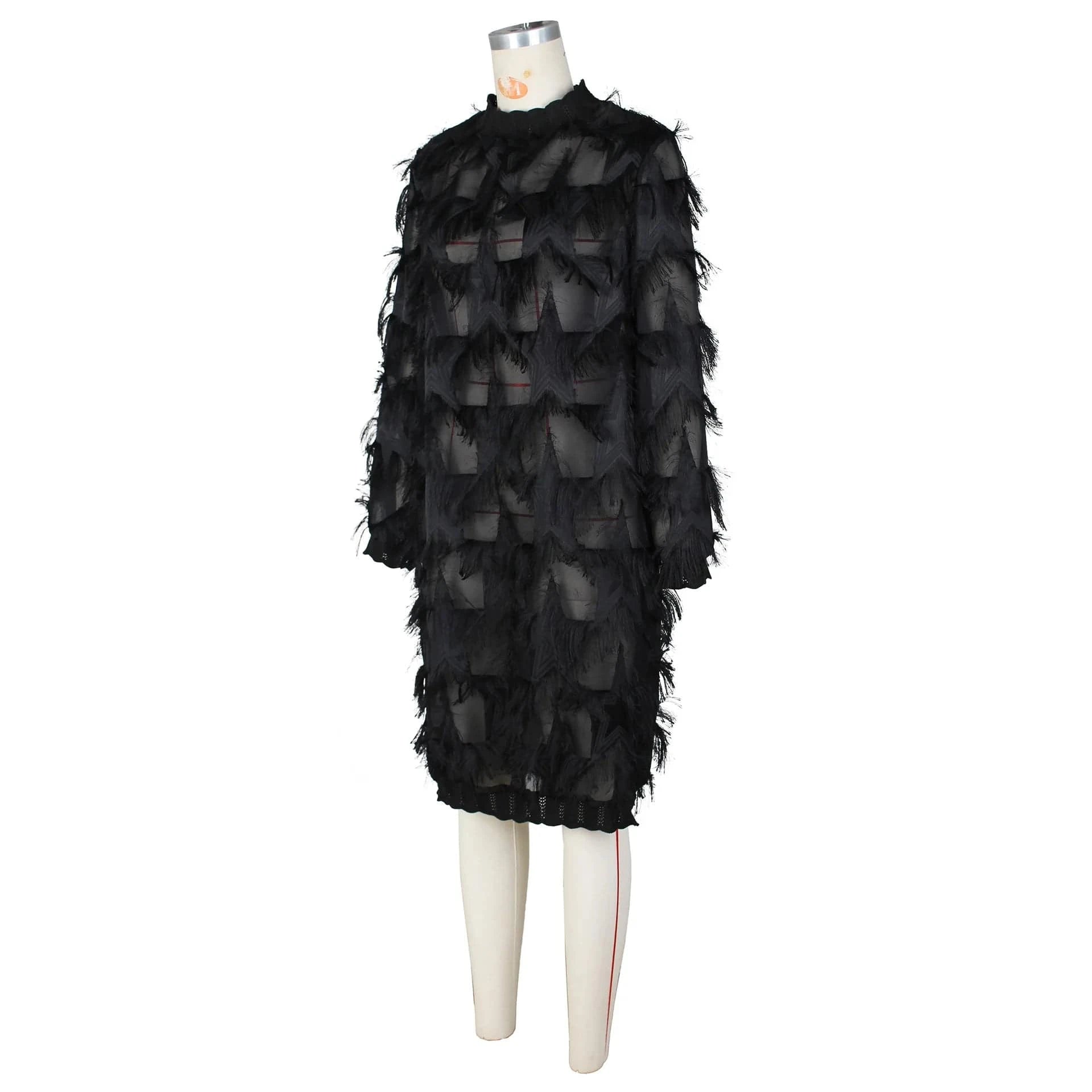 J&H Elegant Casual See Through Lace Dresses Patchwork Tassel Knitted Long Sleeve Sexy Long Midi Women Dress