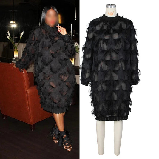 J&H Elegant Casual See Through Lace Dresses Patchwork Tassel Knitted Long Sleeve Sexy Long Midi Women Dress