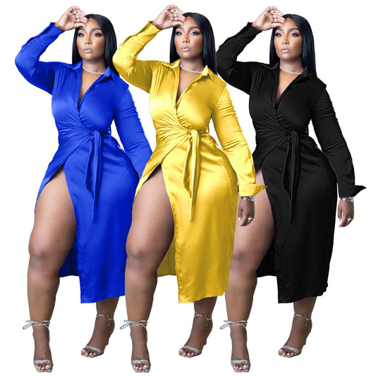 J&H fall 2022 hot sale satin robe dress ladies elegance long sleeve high slit shirt dress solid color sexy casual wear