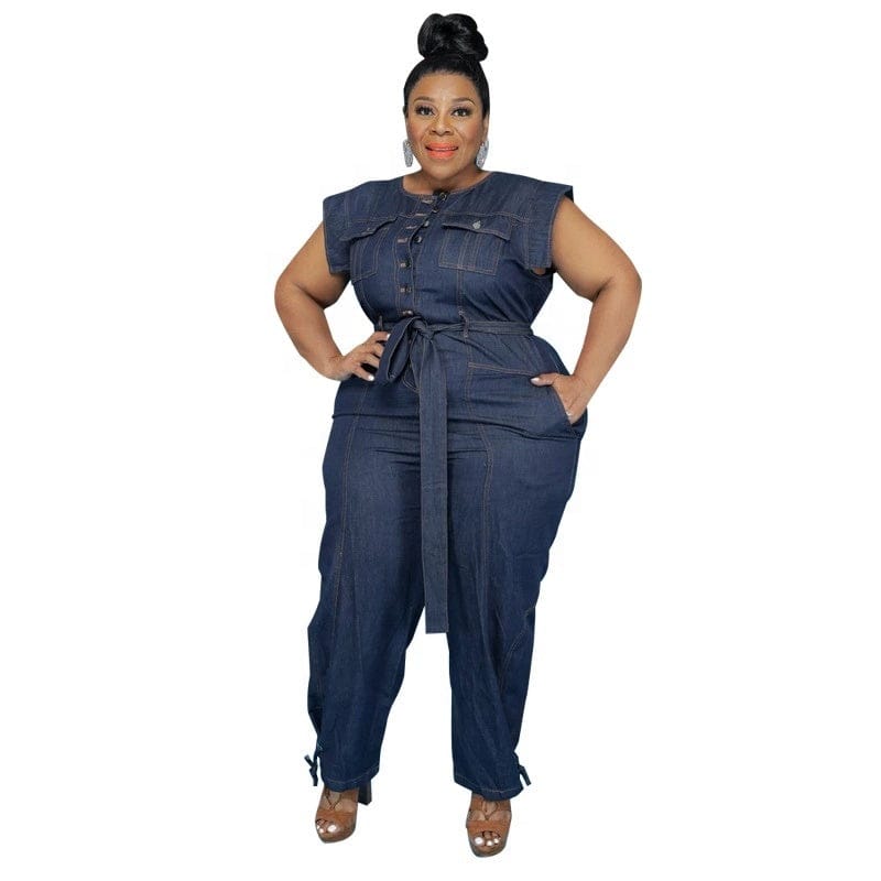 J&H fall fashion blue denim romper pants 5XL plus size jeans jumpsuits women cargo pants