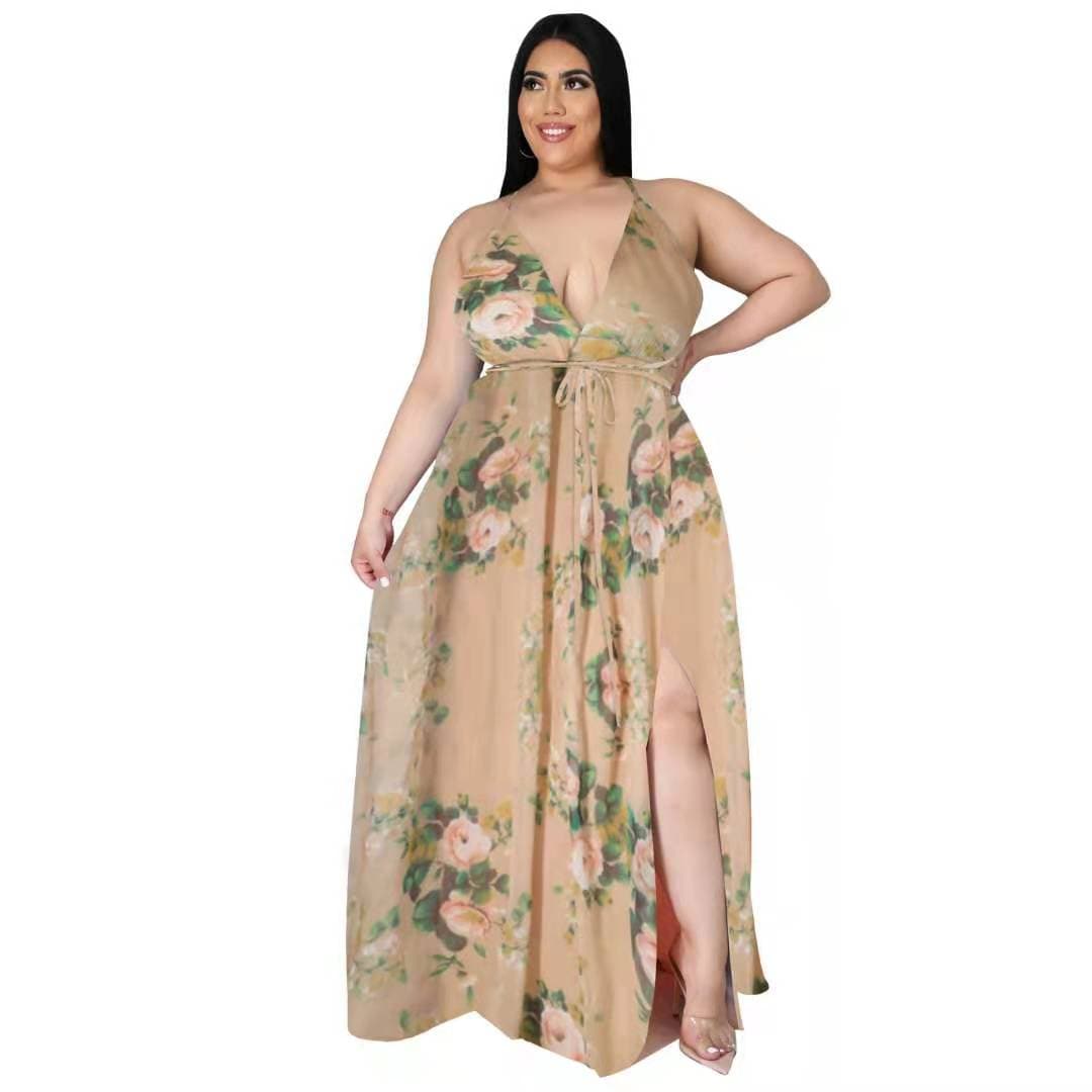 J&H fashion 12 styles available plus size printed women's dresses sexy deep v neck dress with high slit casual evening dress