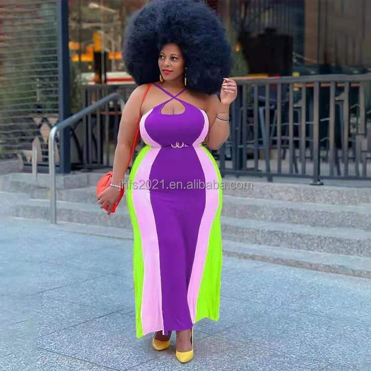 J&H fashion contrast color halter cross neck dress plus size sexy bodycon maxi dress summer africa clothing