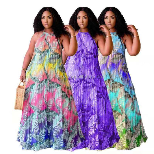 J&H fashion multi color printed halter ruched dress for women plus size casual loose maxi dress sexy boho beach dress