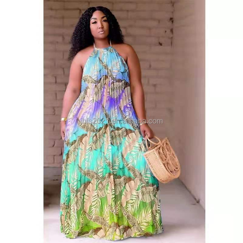 J&H fashion multi color printed halter ruched dress for women plus size casual loose maxi dress sexy boho beach dress